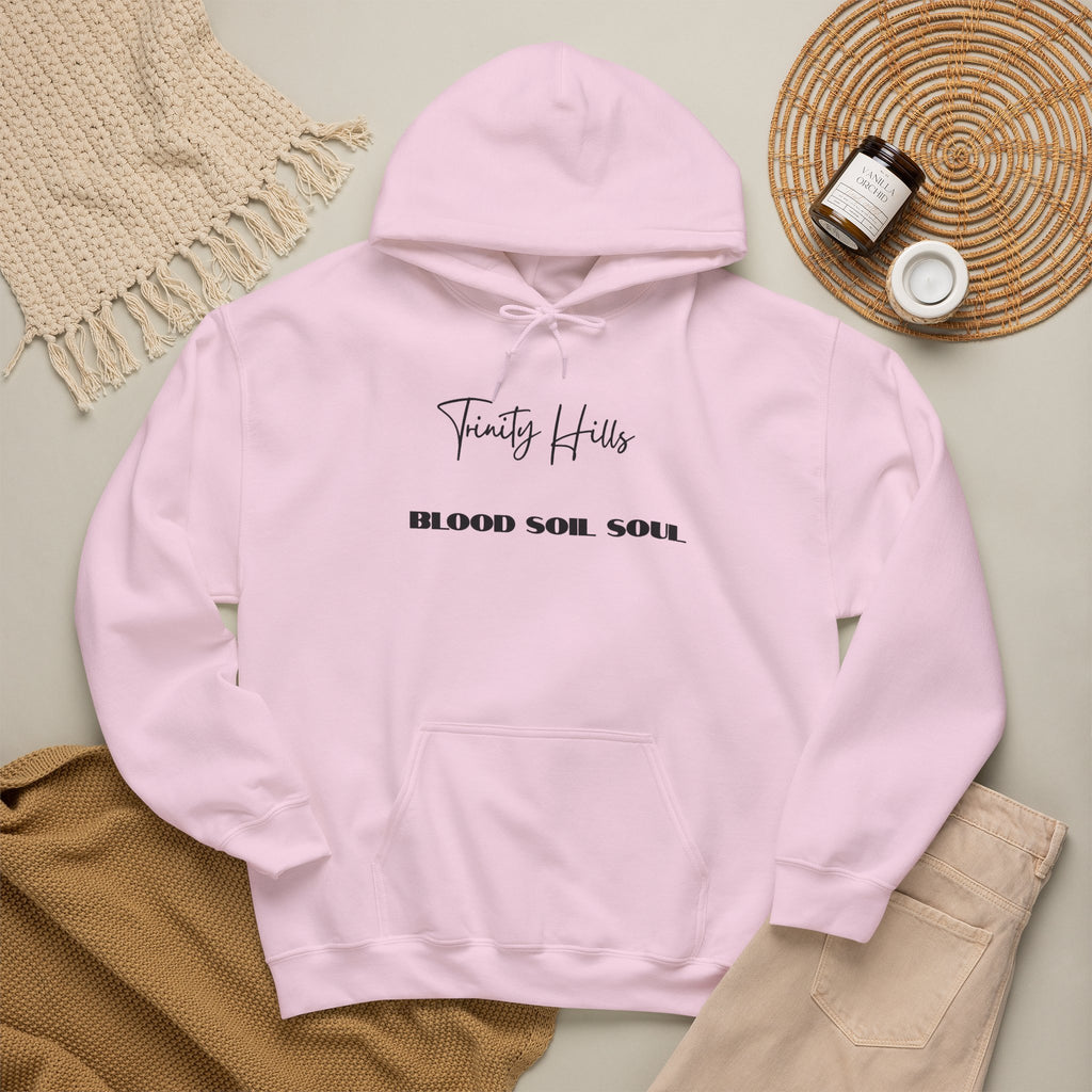 Trinity Hills "Blood, Soil, Soul" Hoodie — Minimal Black Graphic Sweatshirt