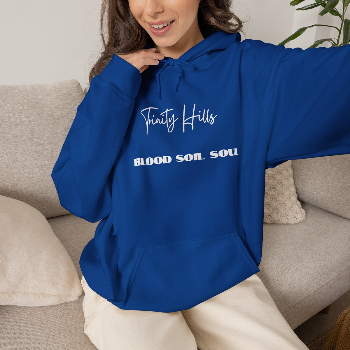 Trinity Hills "Blood, Soil, Soul" Hoodie — Minimal Black Graphic Sweatshirt