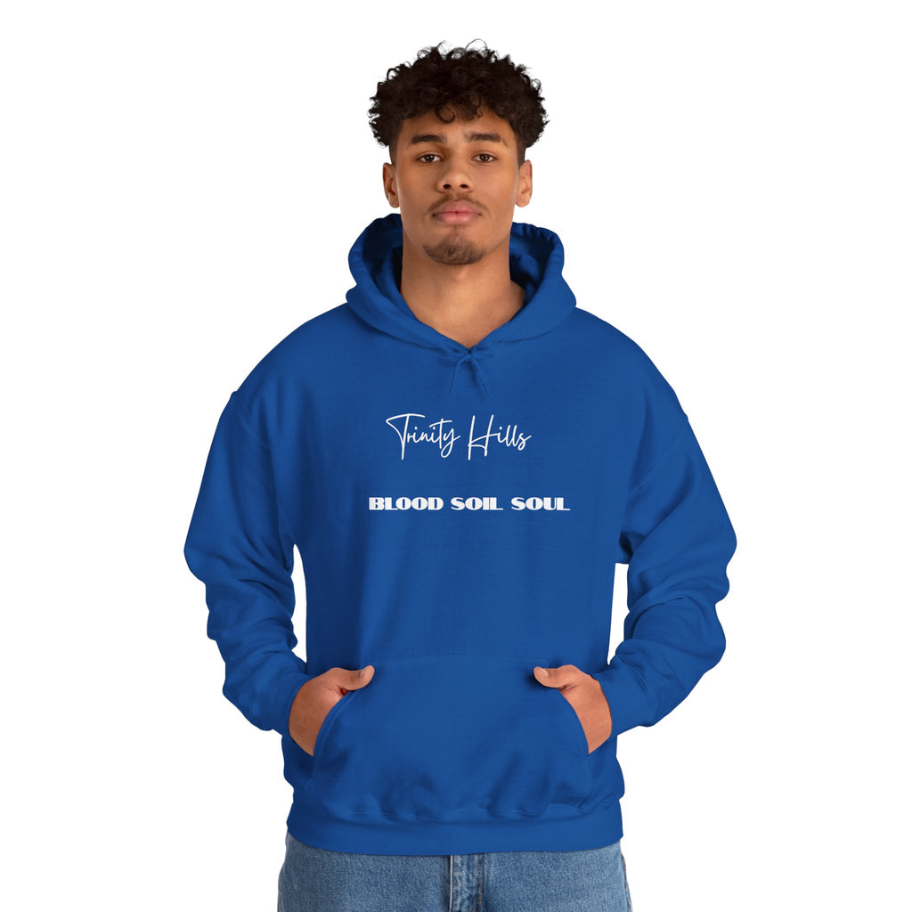 Trinity Hills "Blood, Soil, Soul" Hoodie — Minimal Black Graphic Sweatshirt