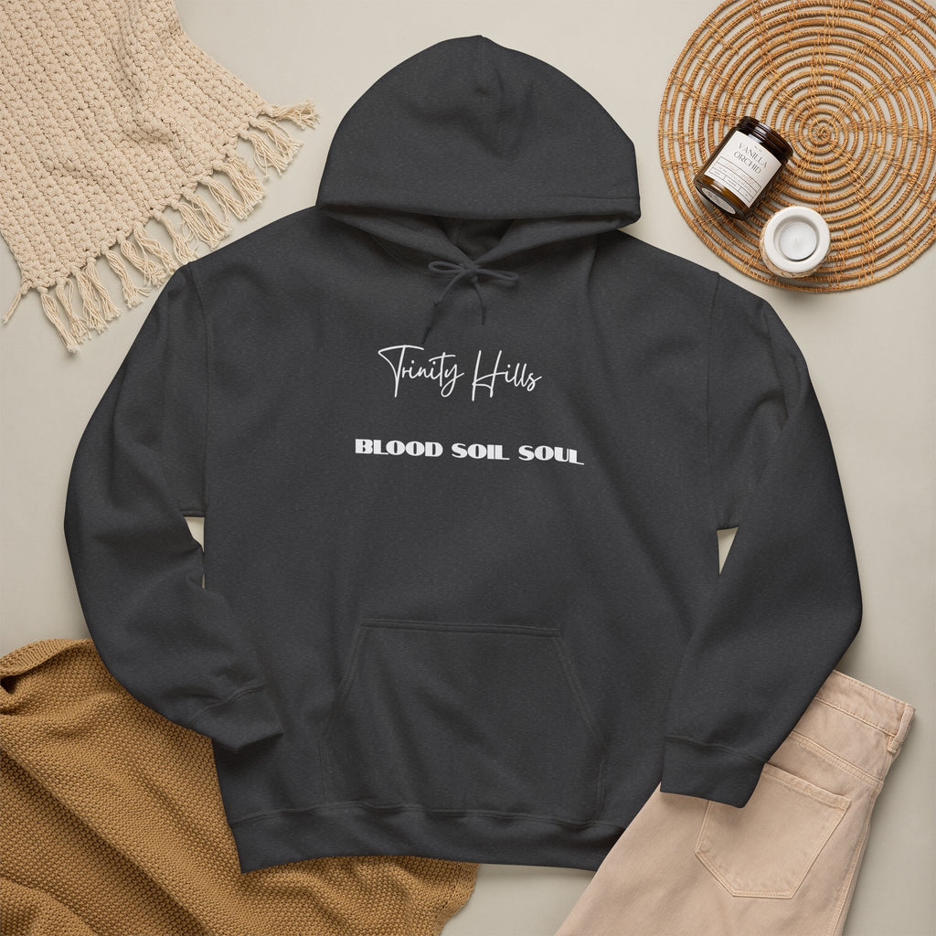 Trinity Hills "Blood, Soil, Soul" Hoodie — Minimal Black Graphic Sweatshirt