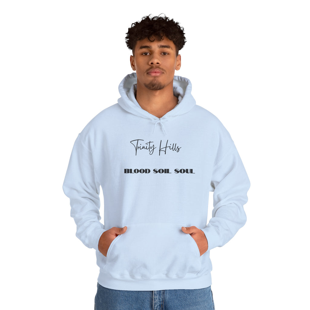 Trinity Hills "Blood, Soil, Soul" Hoodie — Minimal Black Graphic Sweatshirt