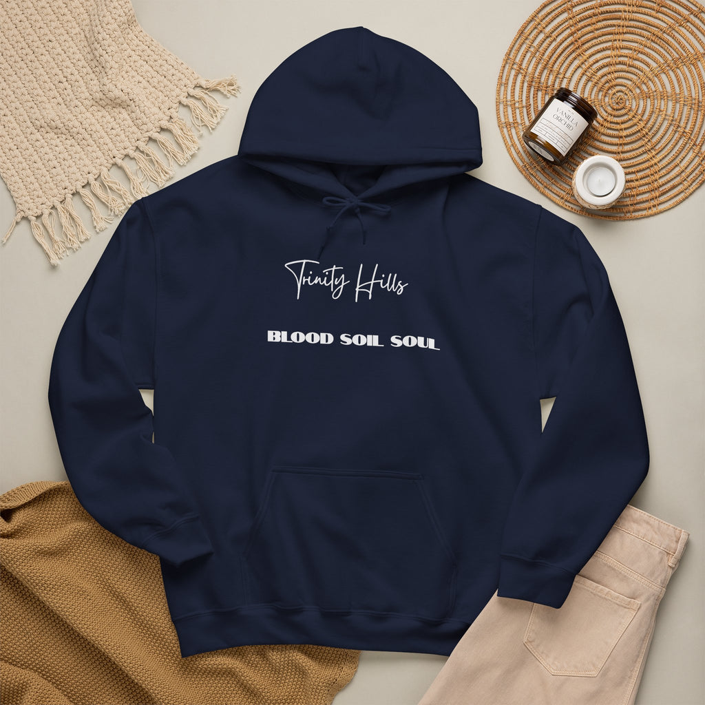 Trinity Hills "Blood, Soil, Soul" Hoodie — Minimal Black Graphic Sweatshirt