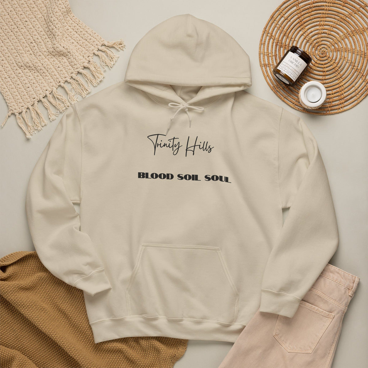 Trinity Hills "Blood, Soil, Soul" Hoodie — Minimal Black Graphic Sweatshirt