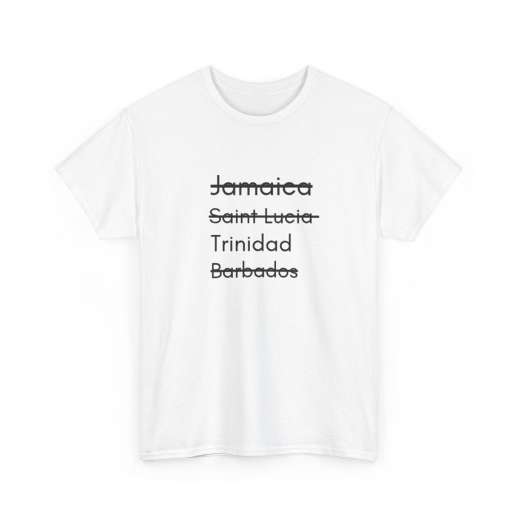 T‑Shirt — Struck‑Through Islands List: Jamaica, Saint Lucia, Trinidad, Barbados Tee