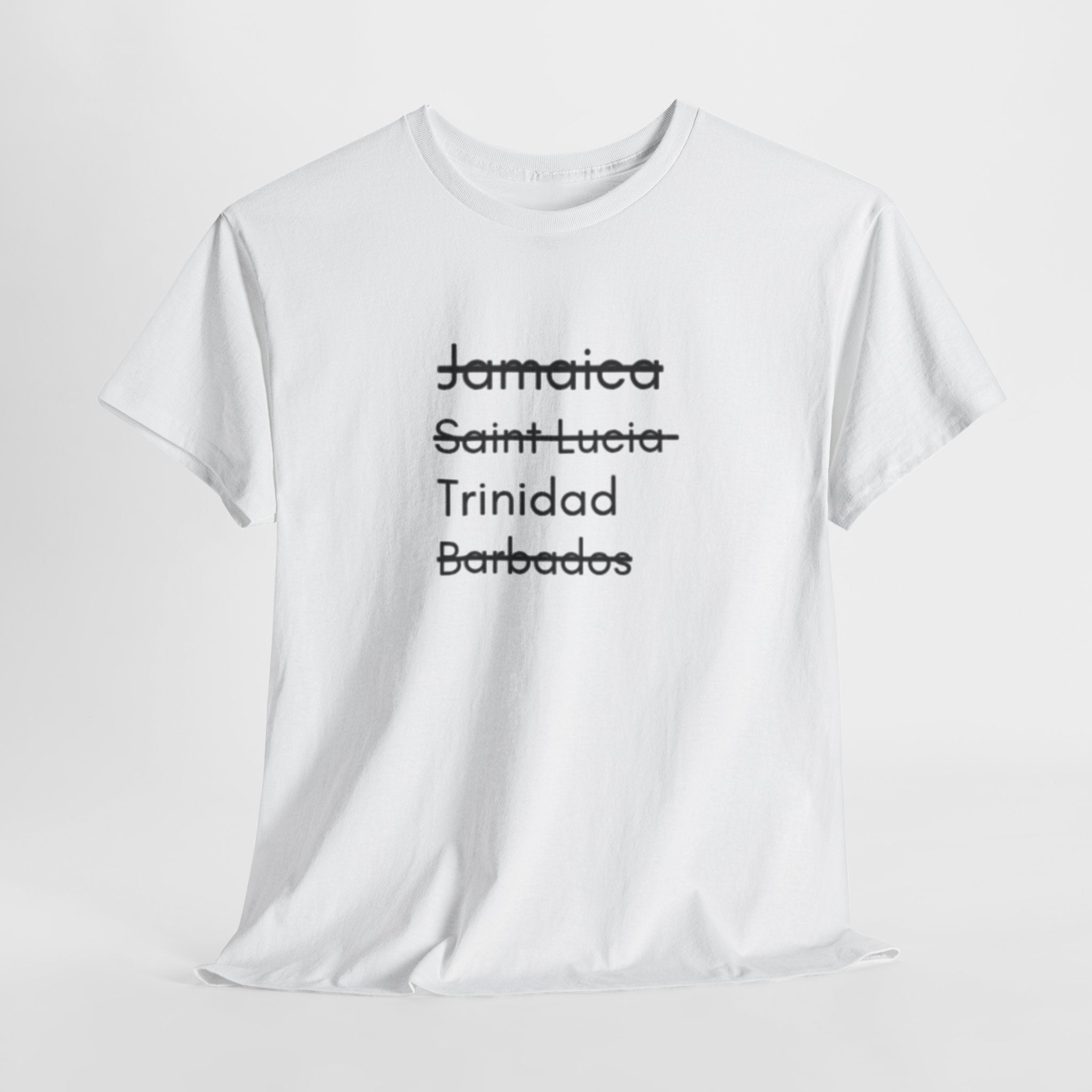 T‑Shirt — Struck‑Through Islands List: Jamaica, Saint Lucia, Trinidad, Barbados Tee