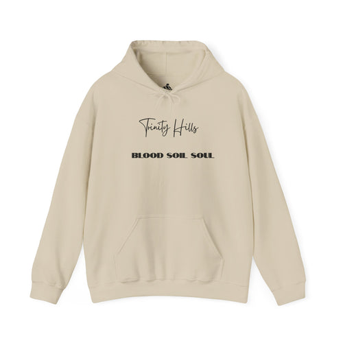Trinity Hills "Blood, Soil, Soul" Hoodie — Minimal Black Graphic Sweatshirt