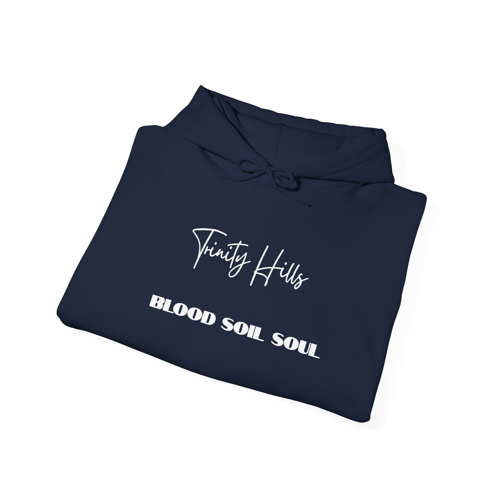 Trinity Hills "Blood, Soil, Soul" Hoodie — Minimal Black Graphic Sweatshirt