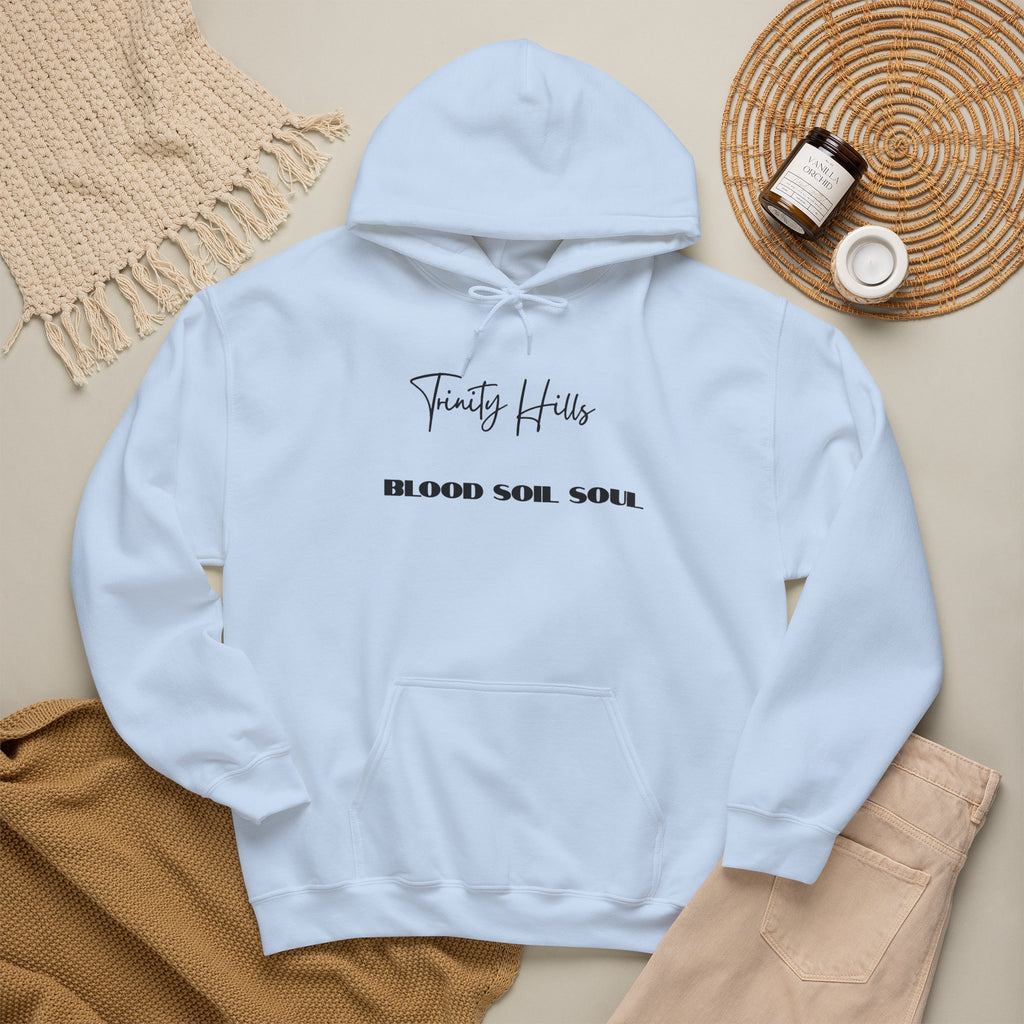 Trinity Hills "Blood, Soil, Soul" Hoodie — Minimal Black Graphic Sweatshirt