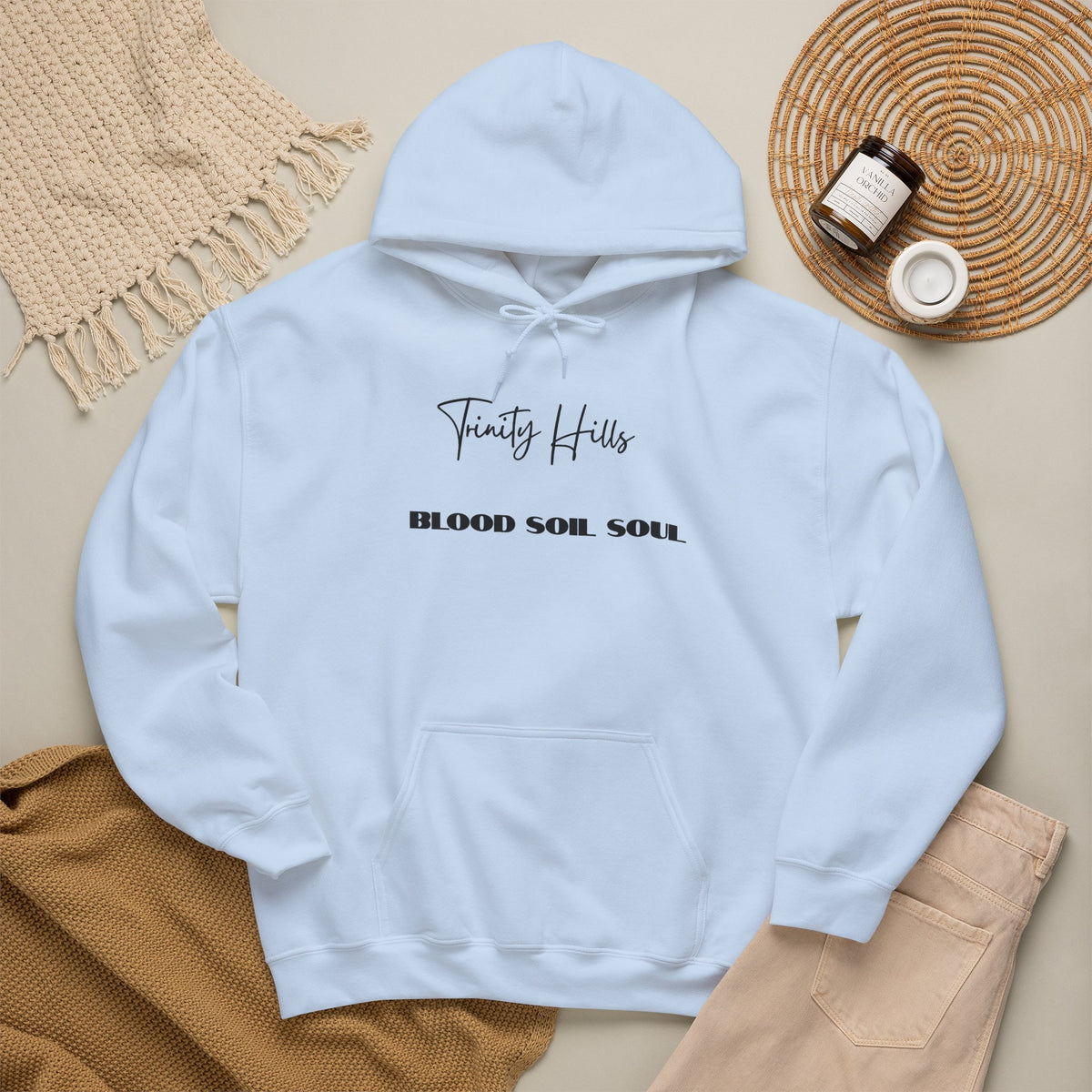Trinity Hills "Blood, Soil, Soul" Hoodie — Minimal Black Graphic Sweatshirt