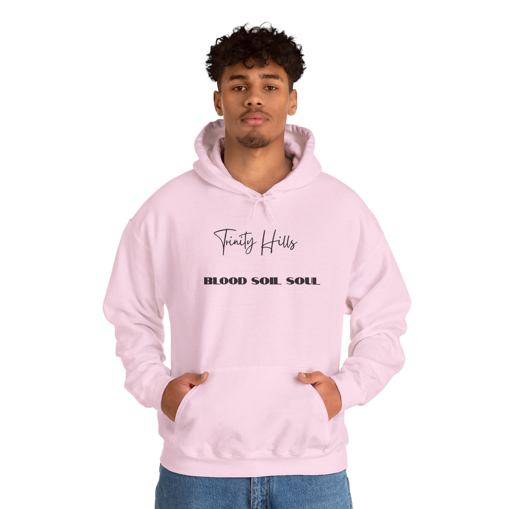 Trinity Hills "Blood, Soil, Soul" Hoodie — Minimal Black Graphic Sweatshirt