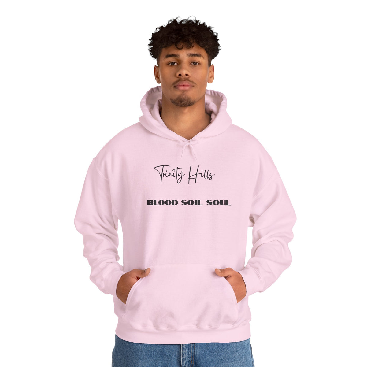Trinity Hills "Blood, Soil, Soul" Hoodie — Minimal Black Graphic Sweatshirt