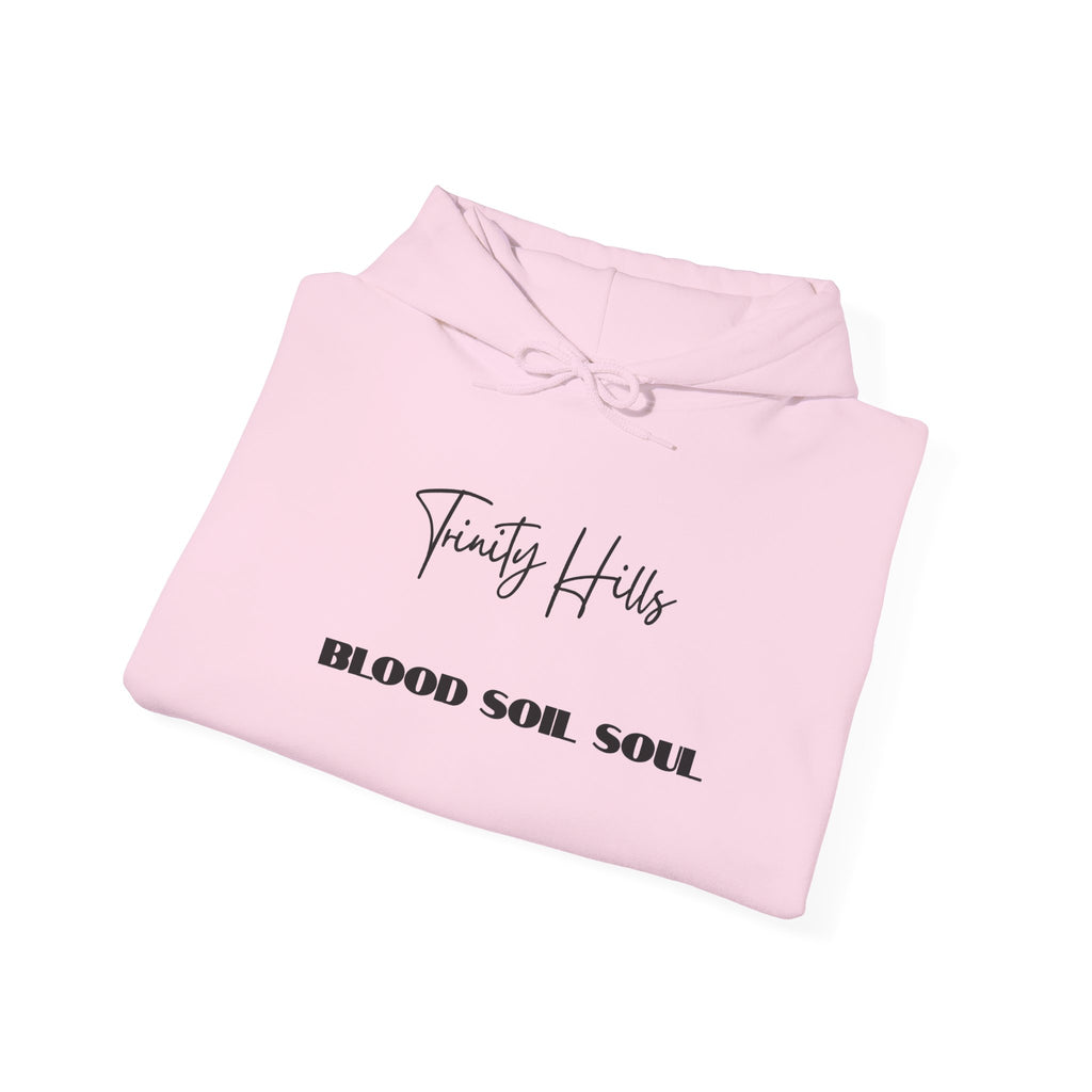 Trinity Hills "Blood, Soil, Soul" Hoodie — Minimal Black Graphic Sweatshirt