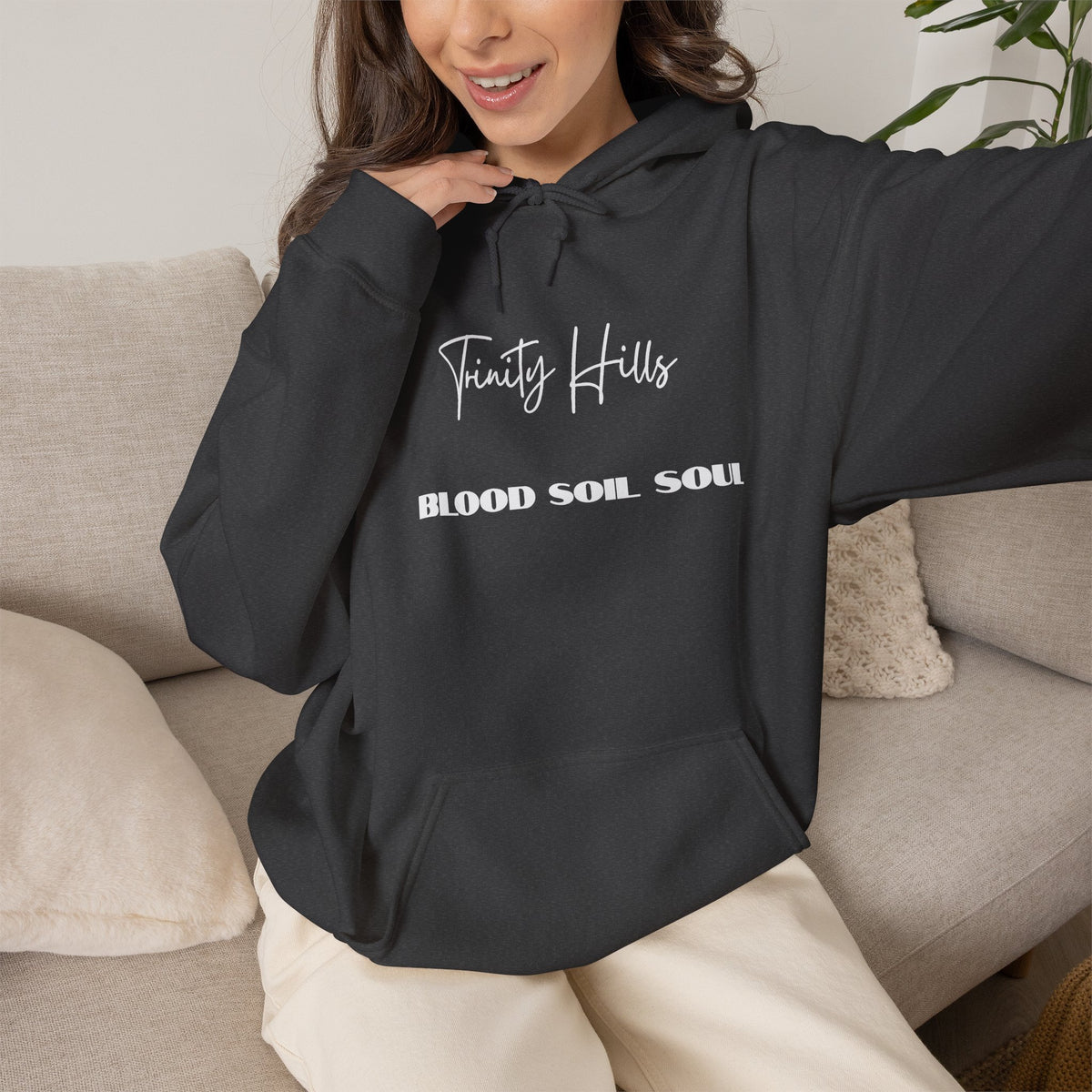 Trinity Hills "Blood, Soil, Soul" Hoodie — Minimal Black Graphic Sweatshirt