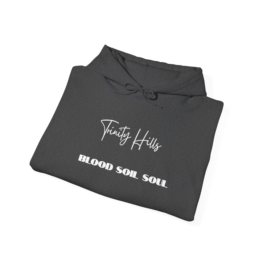 Trinity Hills "Blood, Soil, Soul" Hoodie — Minimal Black Graphic Sweatshirt