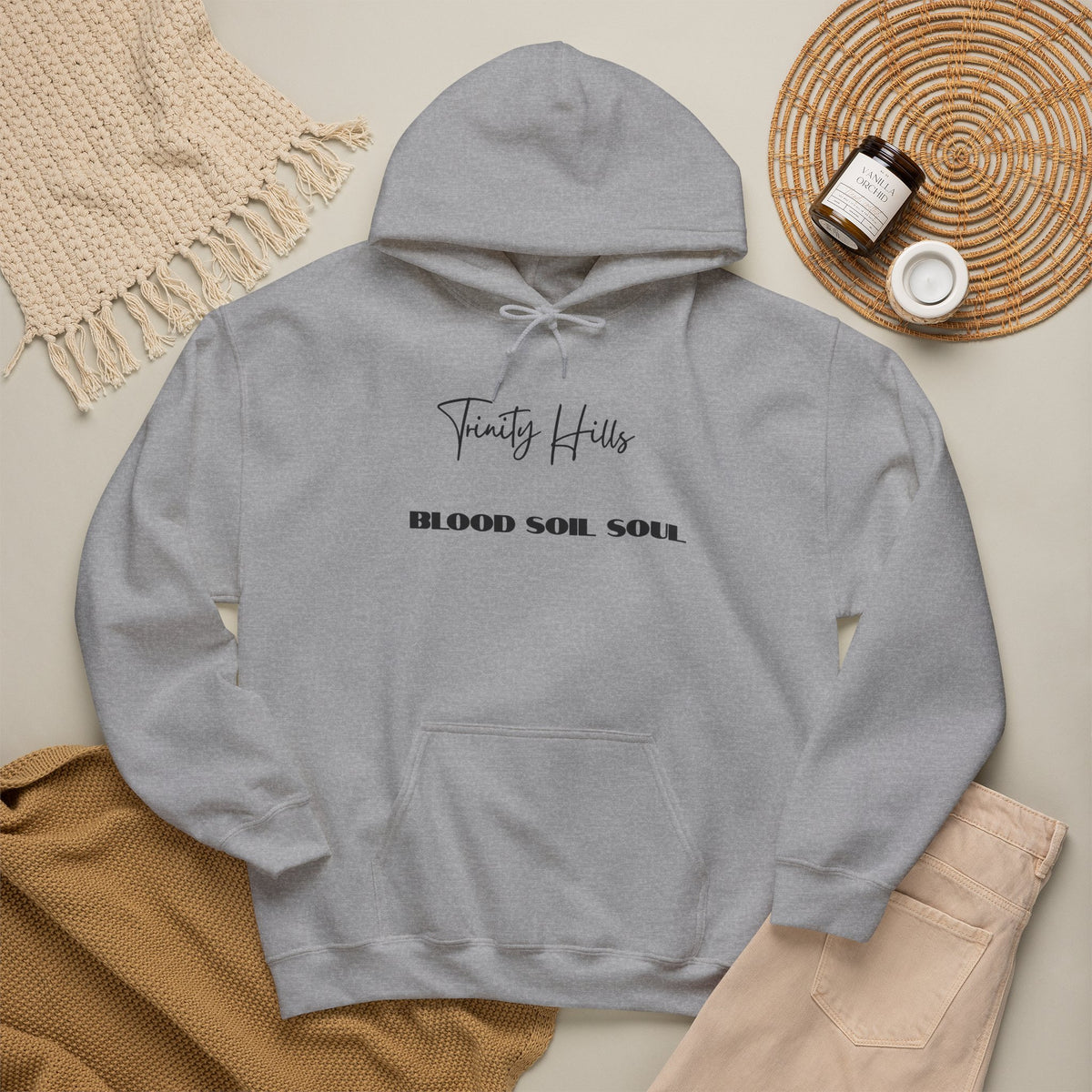 Trinity Hills "Blood, Soil, Soul" Hoodie — Minimal Black Graphic Sweatshirt