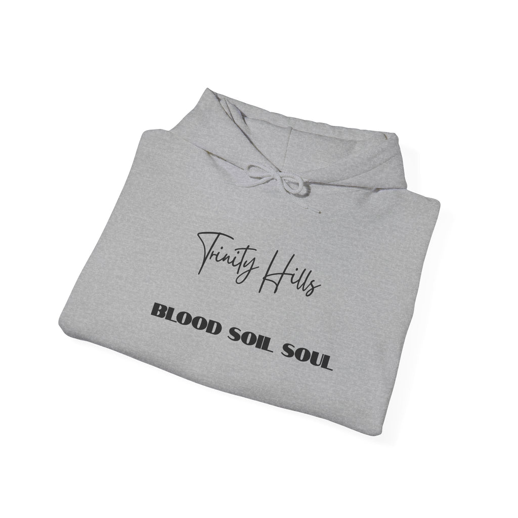 Trinity Hills "Blood, Soil, Soul" Hoodie — Minimal Black Graphic Sweatshirt