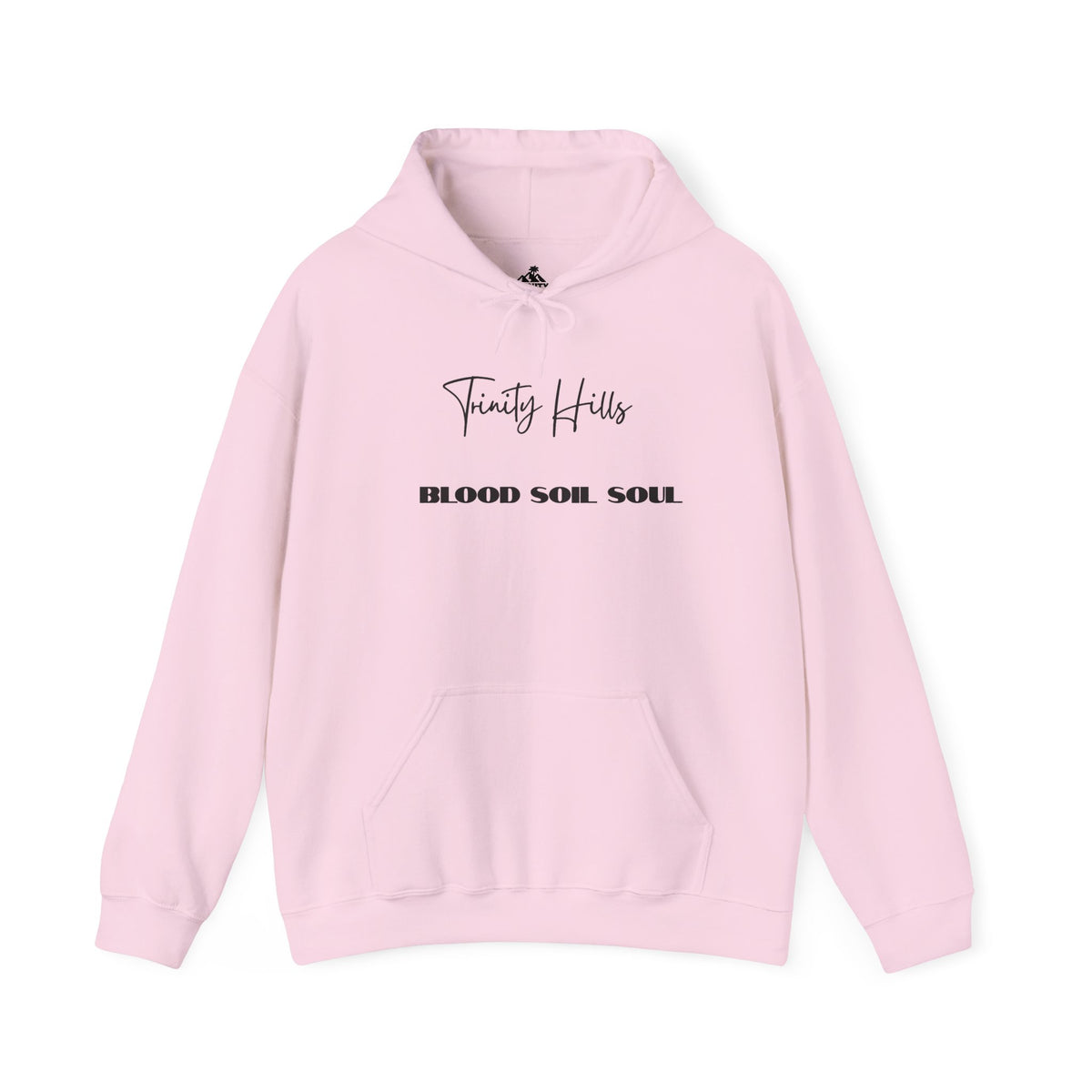 Trinity Hills "Blood, Soil, Soul" Hoodie — Minimal Black Graphic Sweatshirt