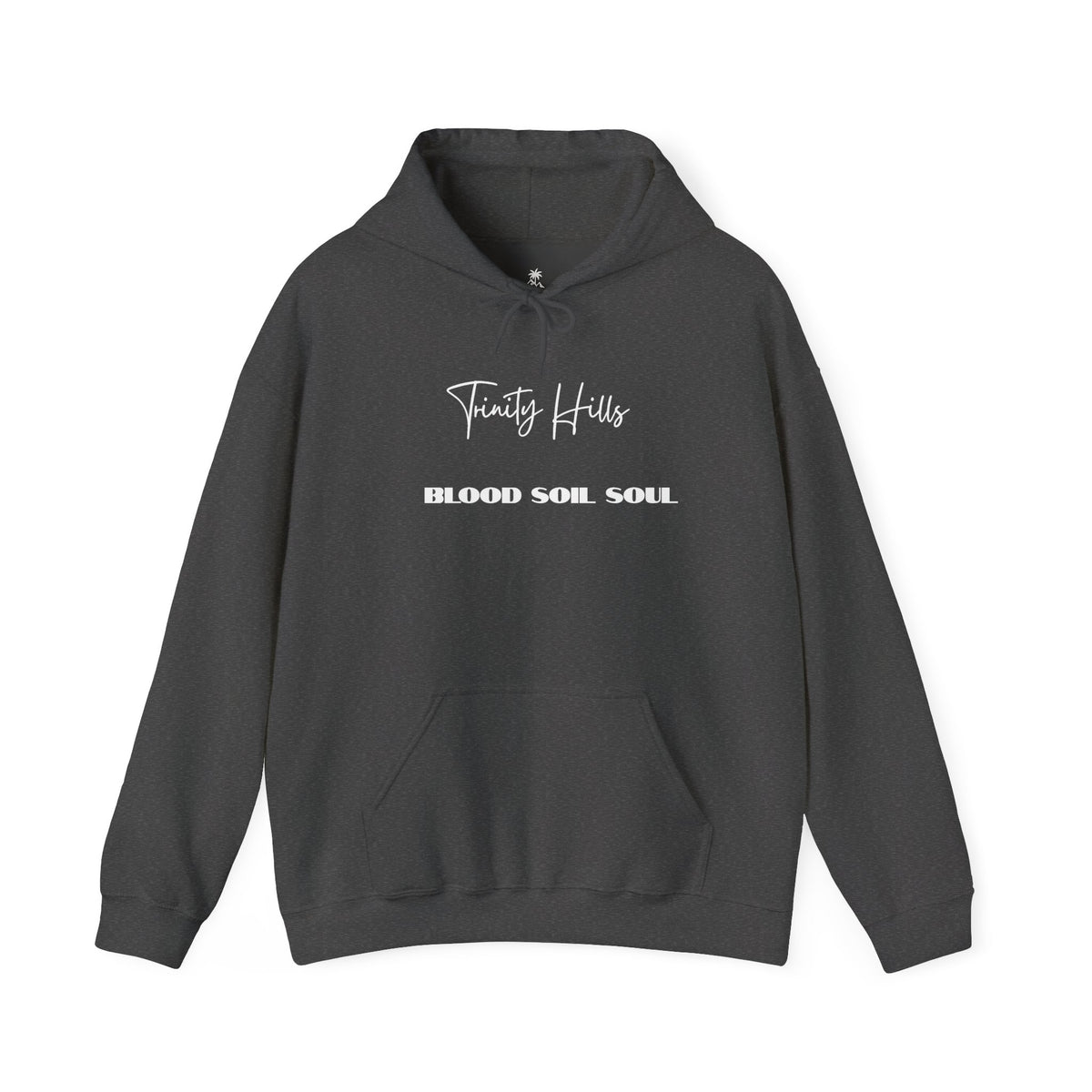 Trinity Hills "Blood, Soil, Soul" Hoodie — Minimal Black Graphic Sweatshirt