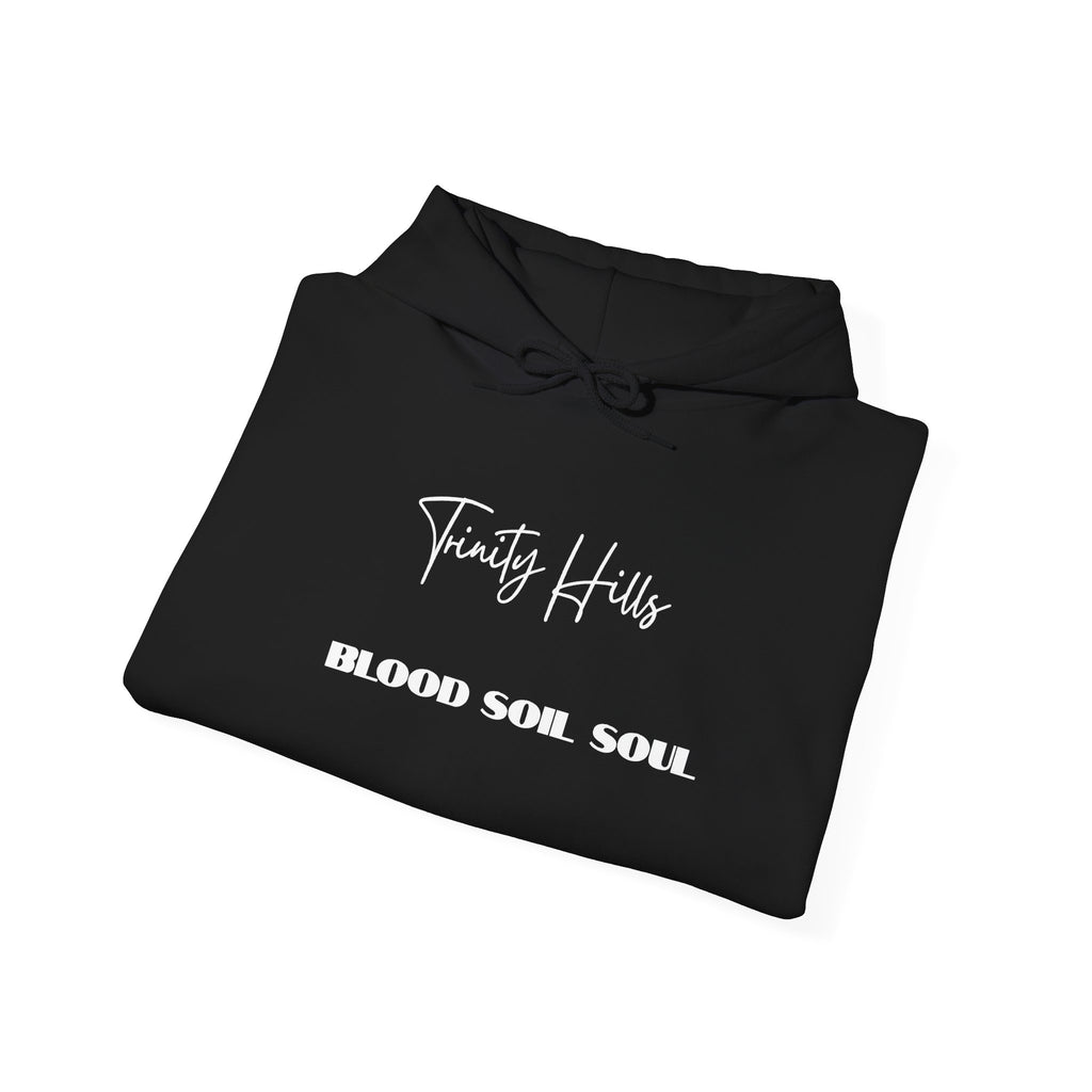 Trinity Hills "Blood, Soil, Soul" Hoodie — Minimal Black Graphic Sweatshirt