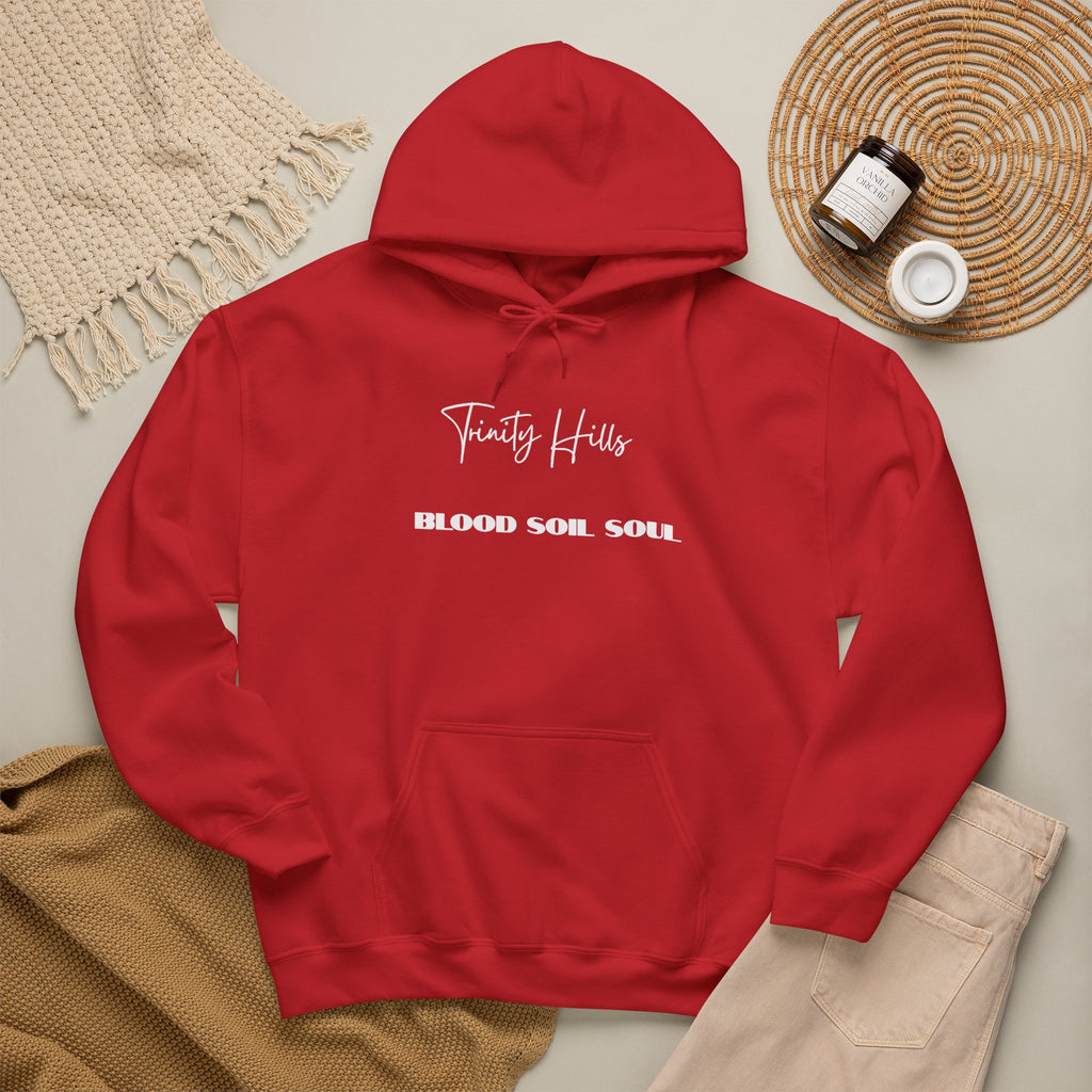 Trinity Hills "Blood, Soil, Soul" Hoodie — Minimal Black Graphic Sweatshirt