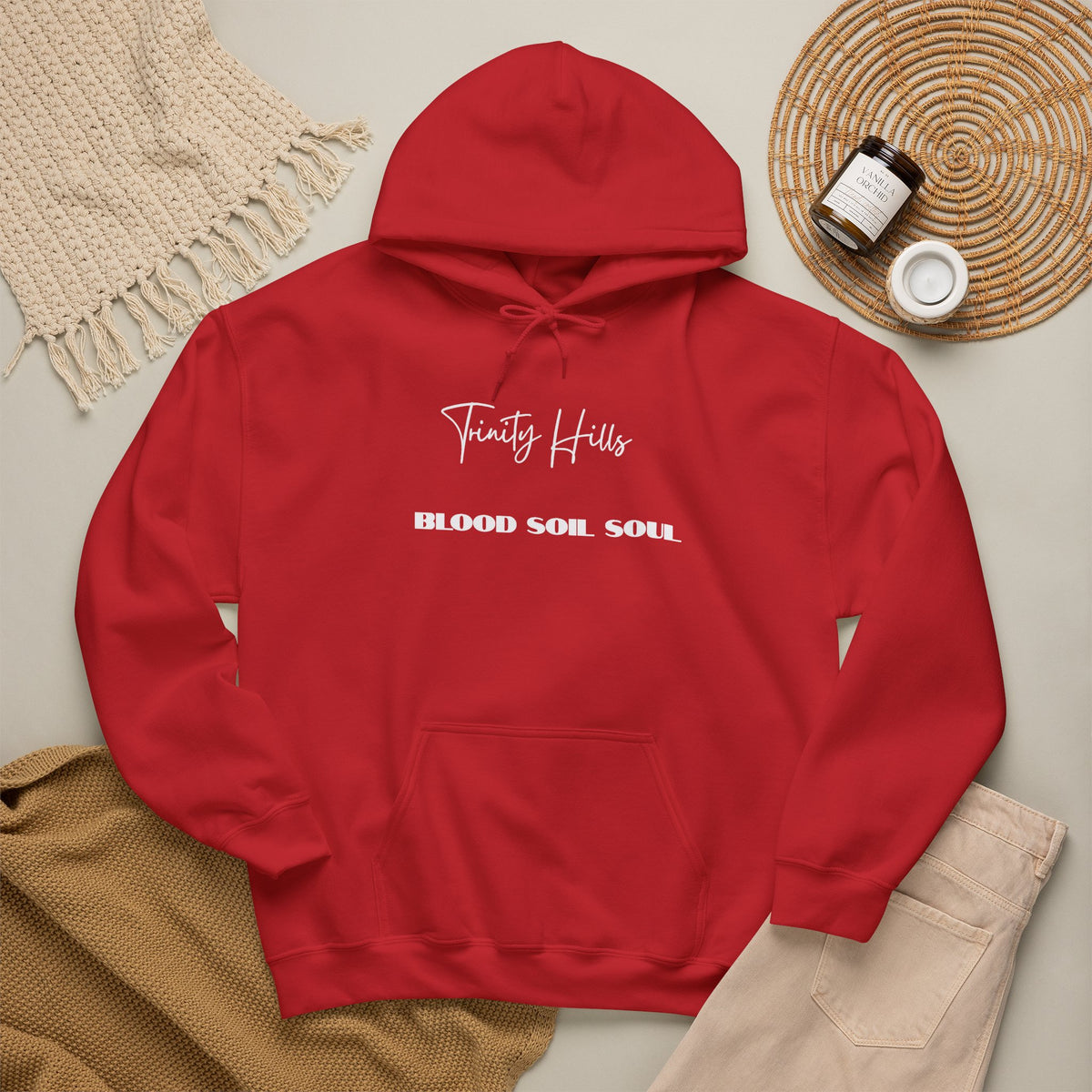 Trinity Hills "Blood, Soil, Soul" Hoodie — Minimal Black Graphic Sweatshirt