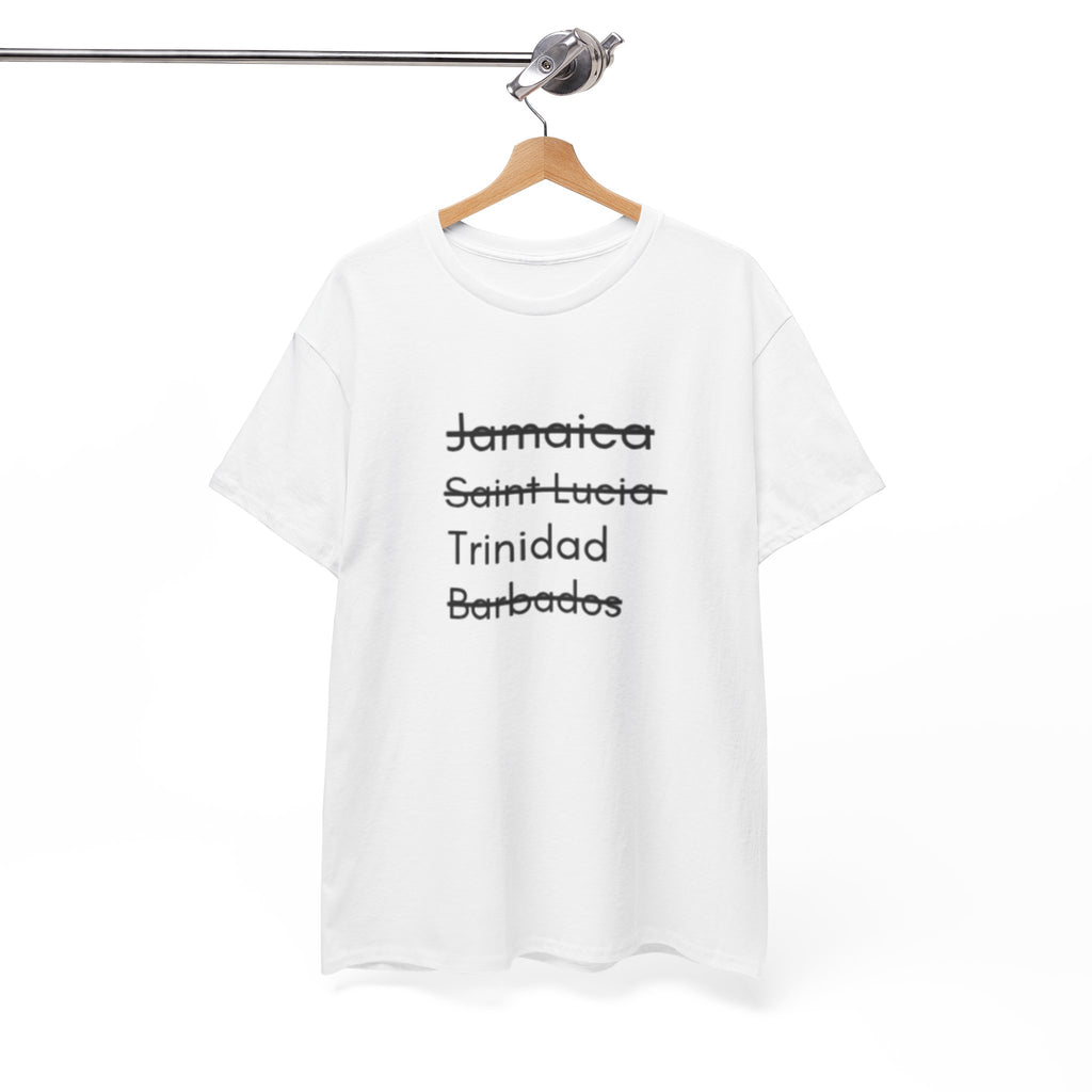 T‑Shirt — Struck‑Through Islands List: Jamaica, Saint Lucia, Trinidad, Barbados Tee