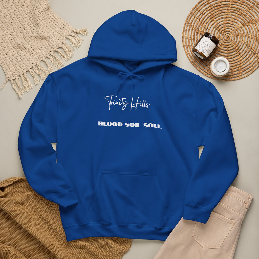 Trinity Hills "Blood, Soil, Soul" Hoodie — Minimal Black Graphic Sweatshirt