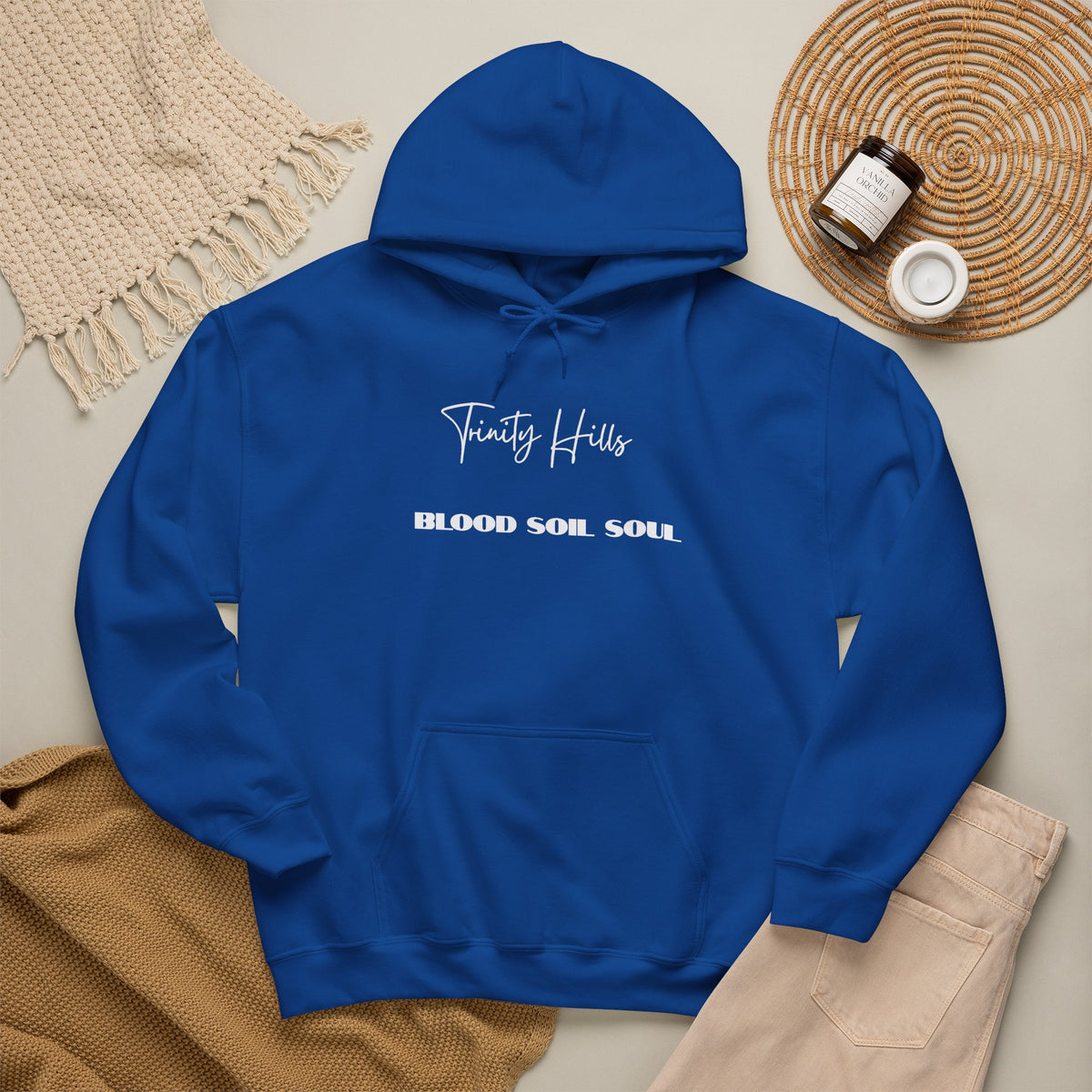 Trinity Hills "Blood, Soil, Soul" Hoodie — Minimal Black Graphic Sweatshirt
