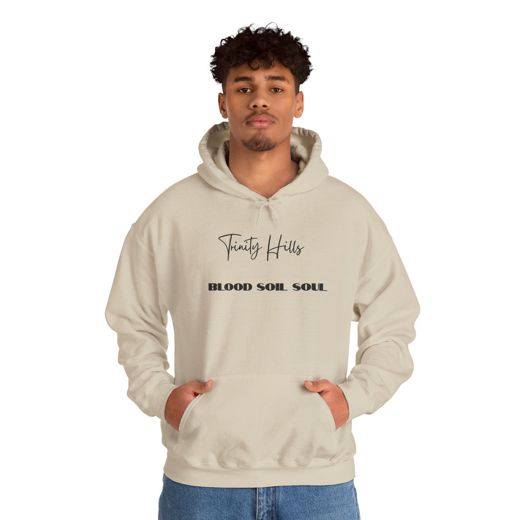 Trinity Hills "Blood, Soil, Soul" Hoodie — Minimal Black Graphic Sweatshirt