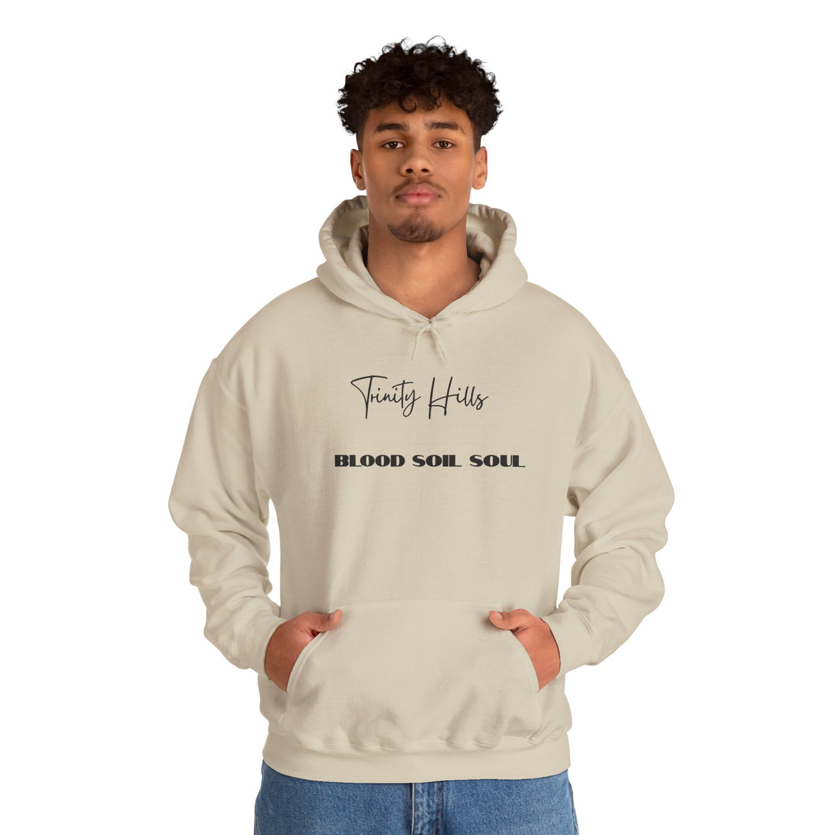 Trinity Hills "Blood, Soil, Soul" Hoodie — Minimal Black Graphic Sweatshirt