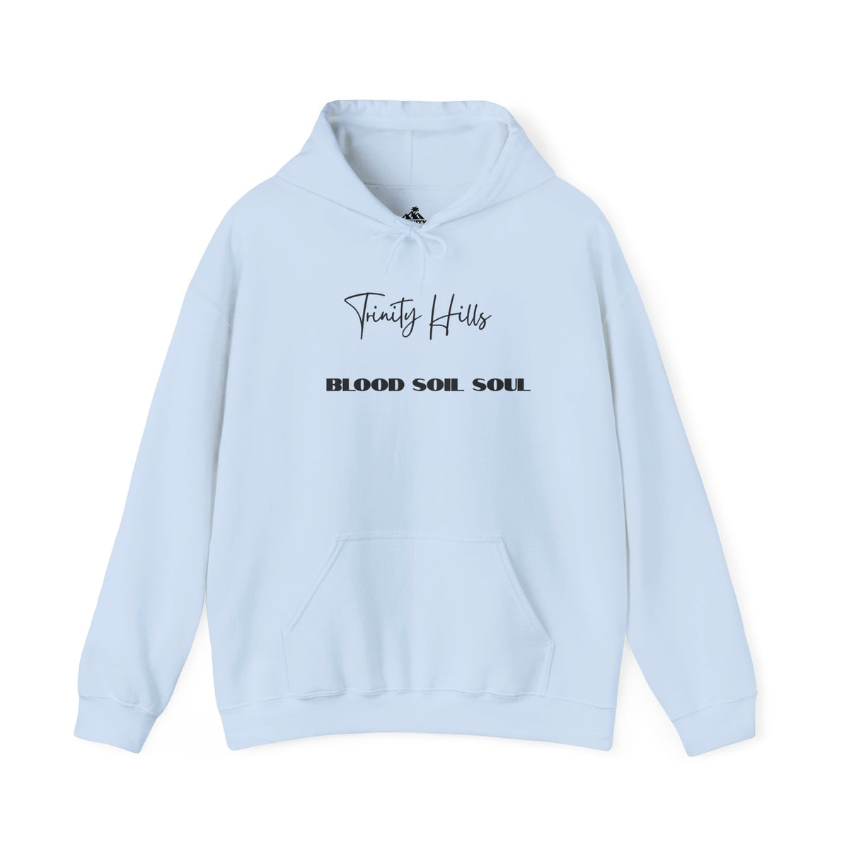 Trinity Hills "Blood, Soil, Soul" Hoodie — Minimal Black Graphic Sweatshirt