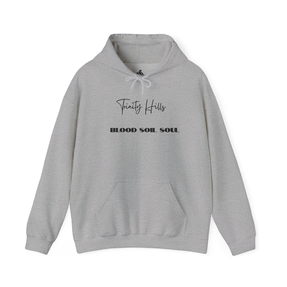 Trinity Hills "Blood, Soil, Soul" Hoodie — Minimal Black Graphic Sweatshirt
