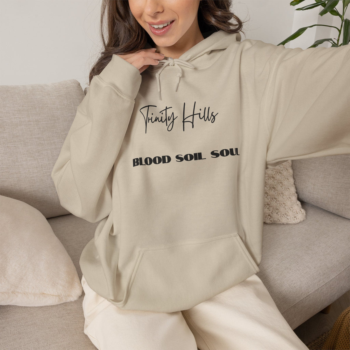 Trinity Hills "Blood, Soil, Soul" Hoodie — Minimal Black Graphic Sweatshirt