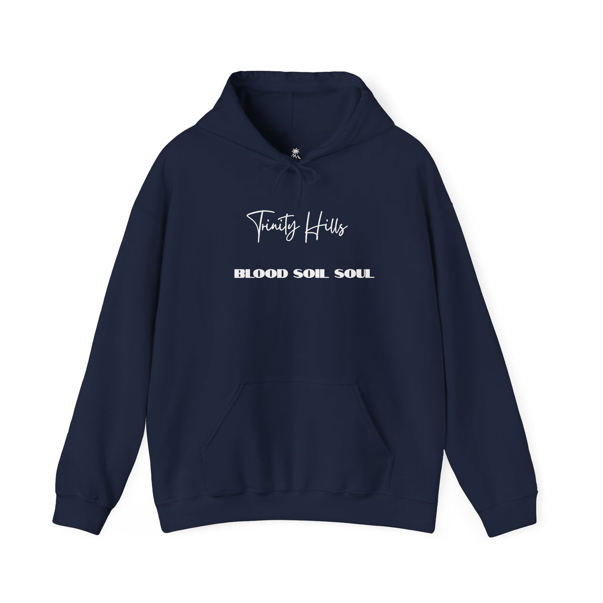 Trinity Hills "Blood, Soil, Soul" Hoodie — Minimal Black Graphic Sweatshirt
