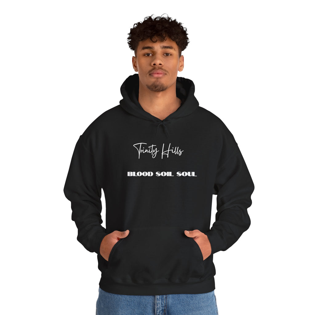 Trinity Hills "Blood, Soil, Soul" Hoodie — Minimal Black Graphic Sweatshirt