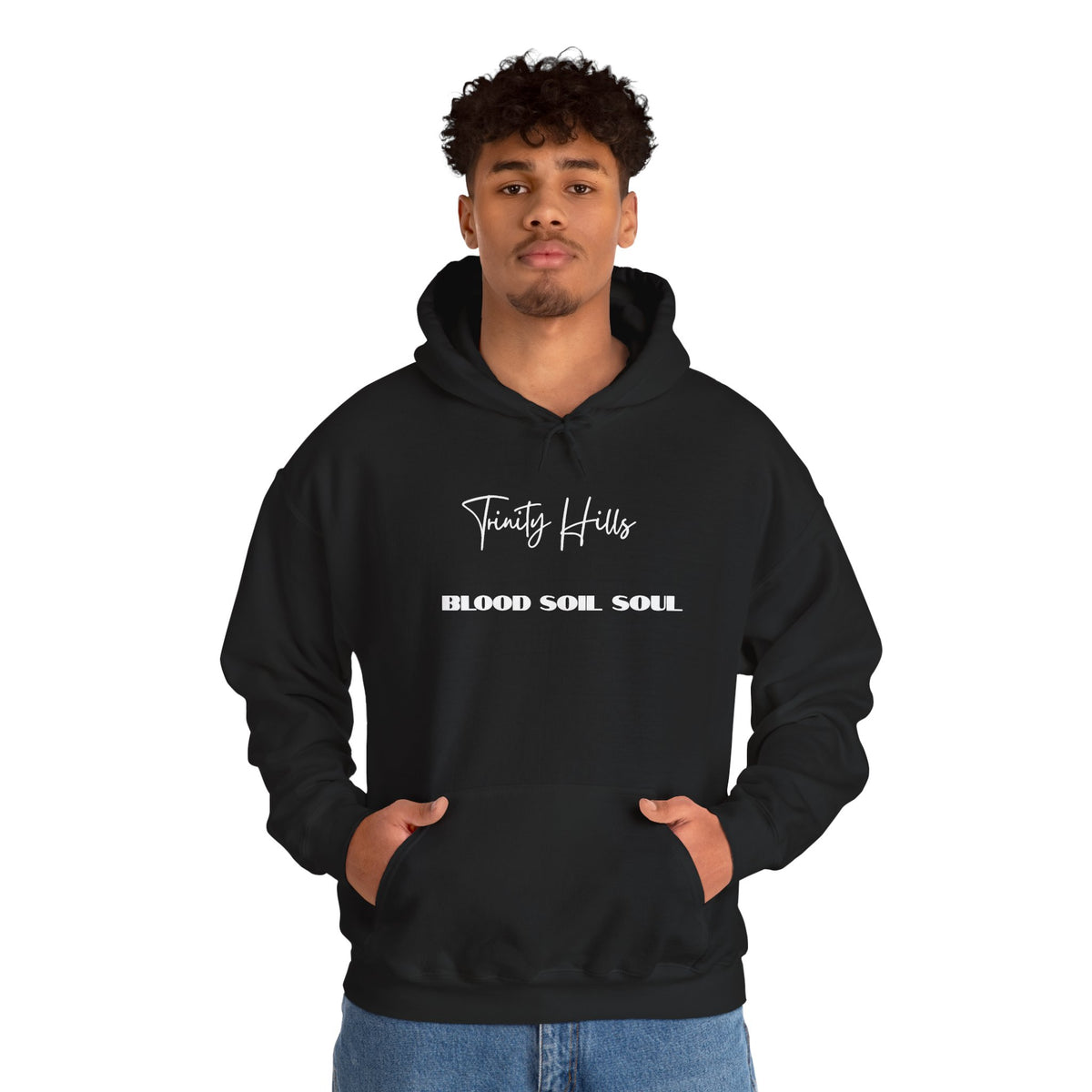 Trinity Hills "Blood, Soil, Soul" Hoodie — Minimal Black Graphic Sweatshirt