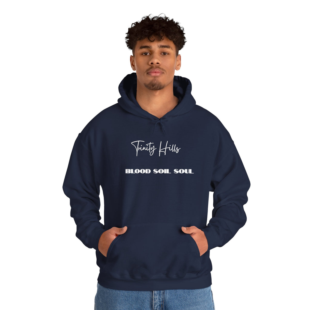 Trinity Hills "Blood, Soil, Soul" Hoodie — Minimal Black Graphic Sweatshirt