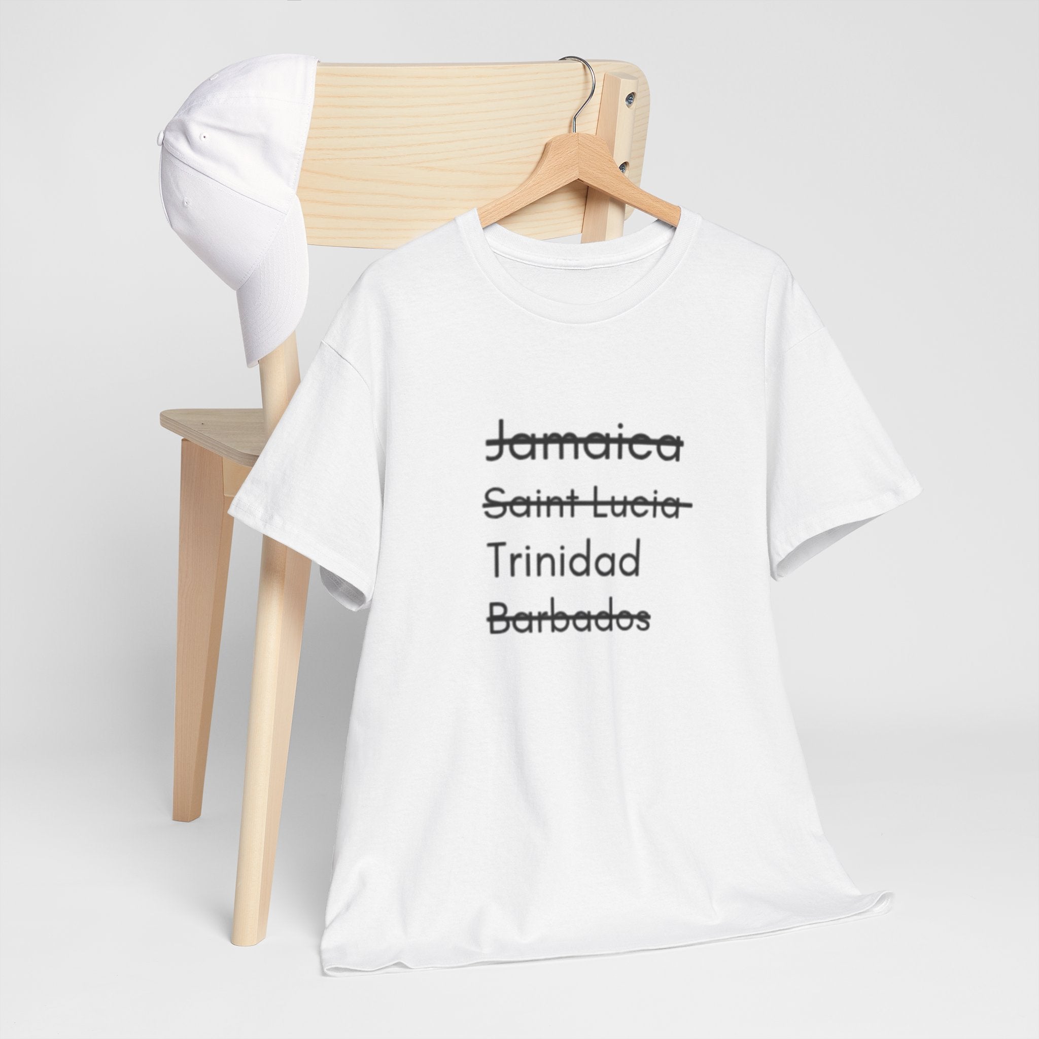 T‑Shirt — Struck‑Through Islands List: Jamaica, Saint Lucia, Trinidad, Barbados Tee
