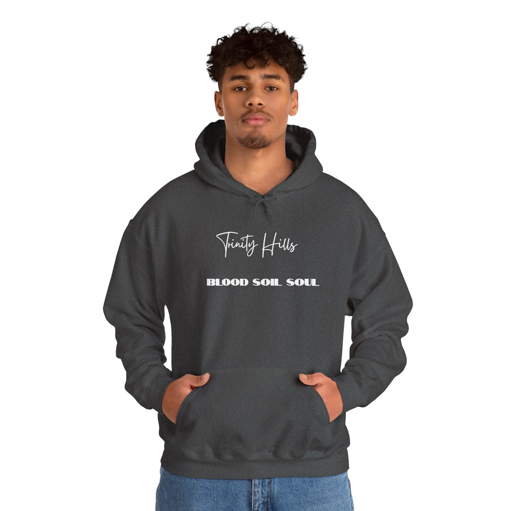 Trinity Hills "Blood, Soil, Soul" Hoodie — Minimal Black Graphic Sweatshirt