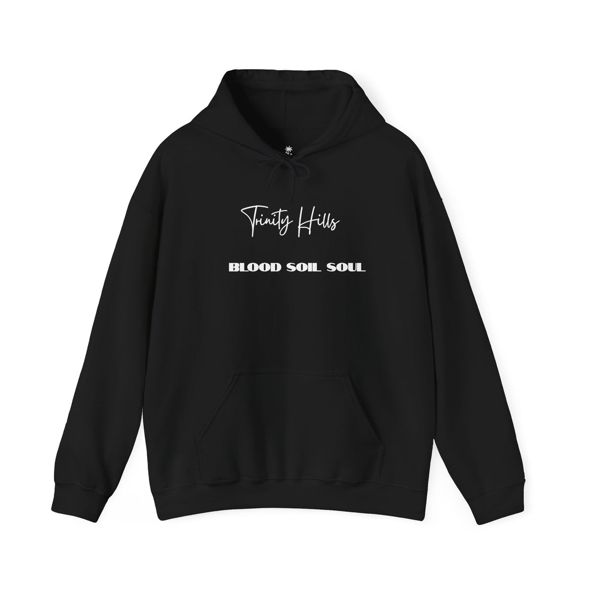 Trinity Hills "Blood, Soil, Soul" Hoodie — Minimal Black Graphic Sweatshirt