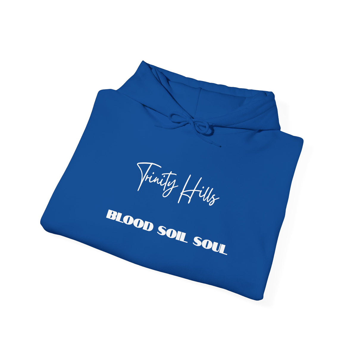 Trinity Hills "Blood, Soil, Soul" Hoodie — Minimal Black Graphic Sweatshirt