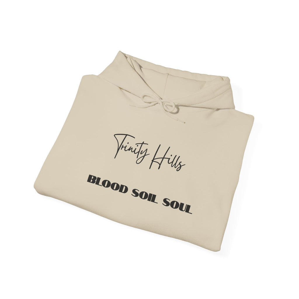 Trinity Hills "Blood, Soil, Soul" Hoodie — Minimal Black Graphic Sweatshirt