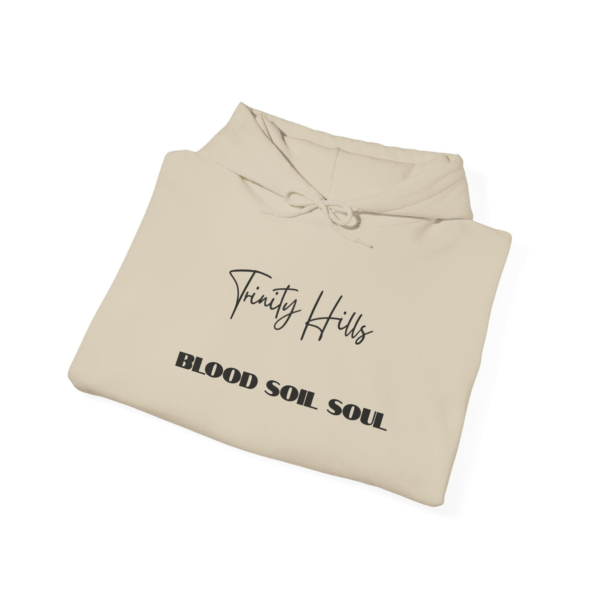Trinity Hills "Blood, Soil, Soul" Hoodie — Minimal Black Graphic Sweatshirt