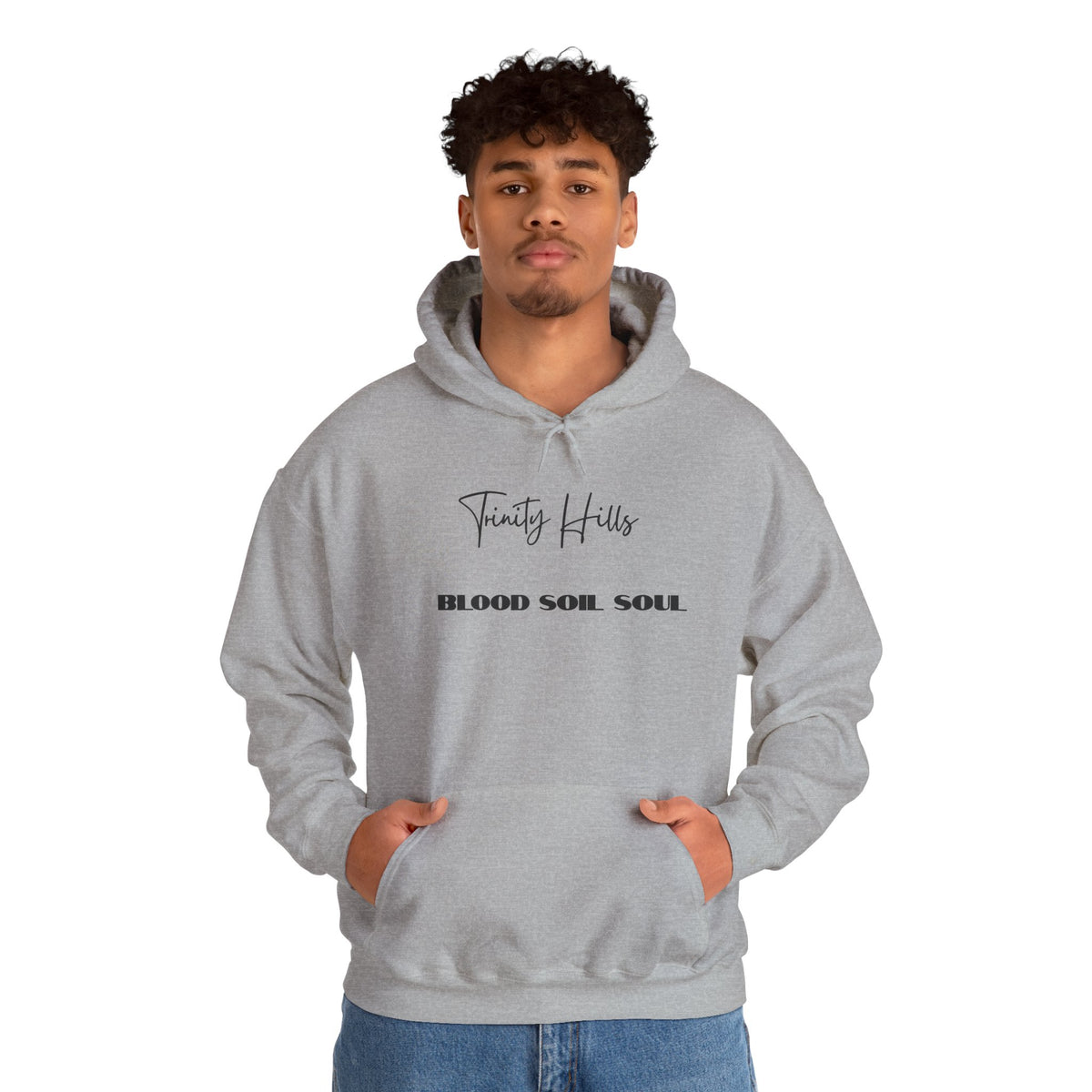 Trinity Hills "Blood, Soil, Soul" Hoodie — Minimal Black Graphic Sweatshirt