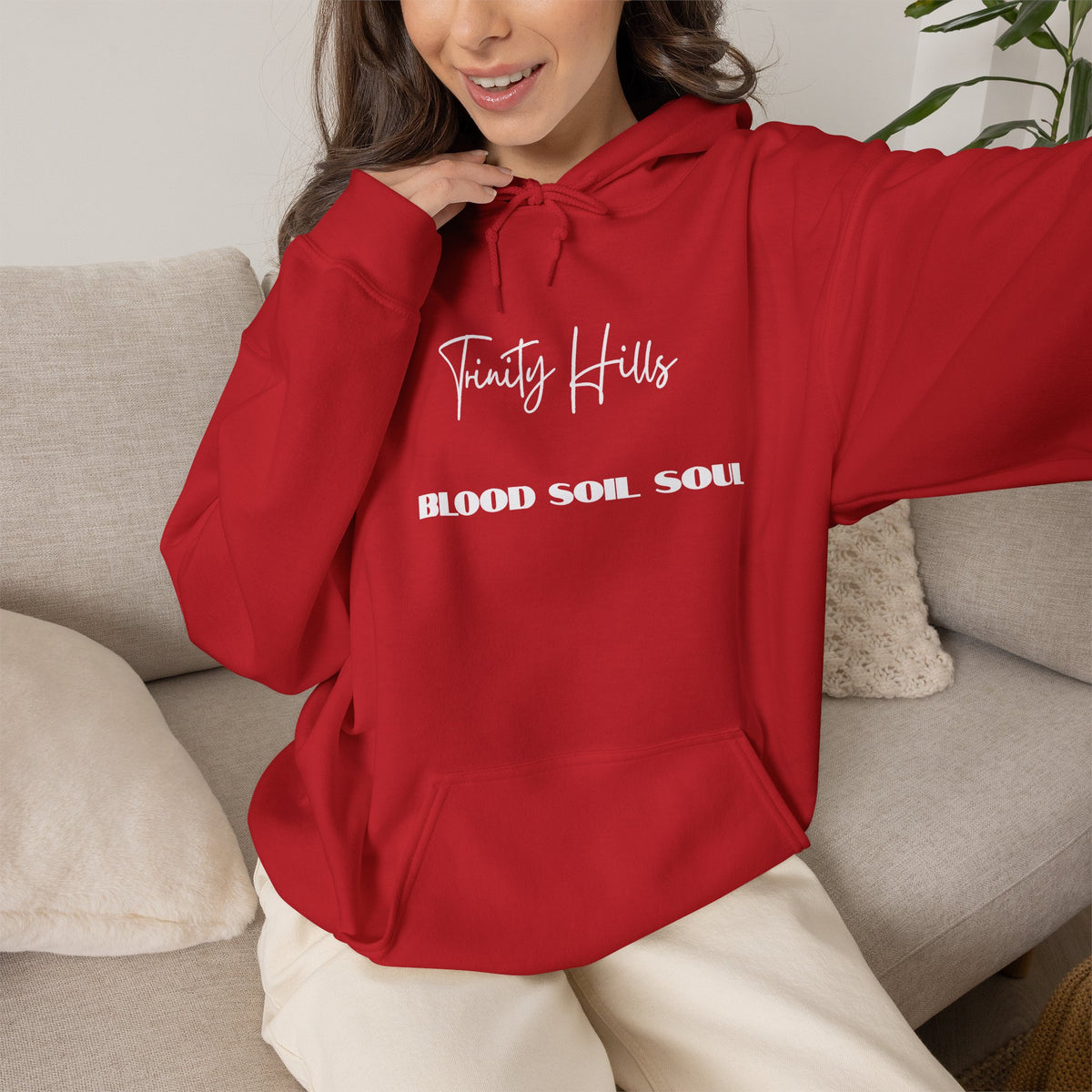Trinity Hills "Blood, Soil, Soul" Hoodie — Minimal Black Graphic Sweatshirt