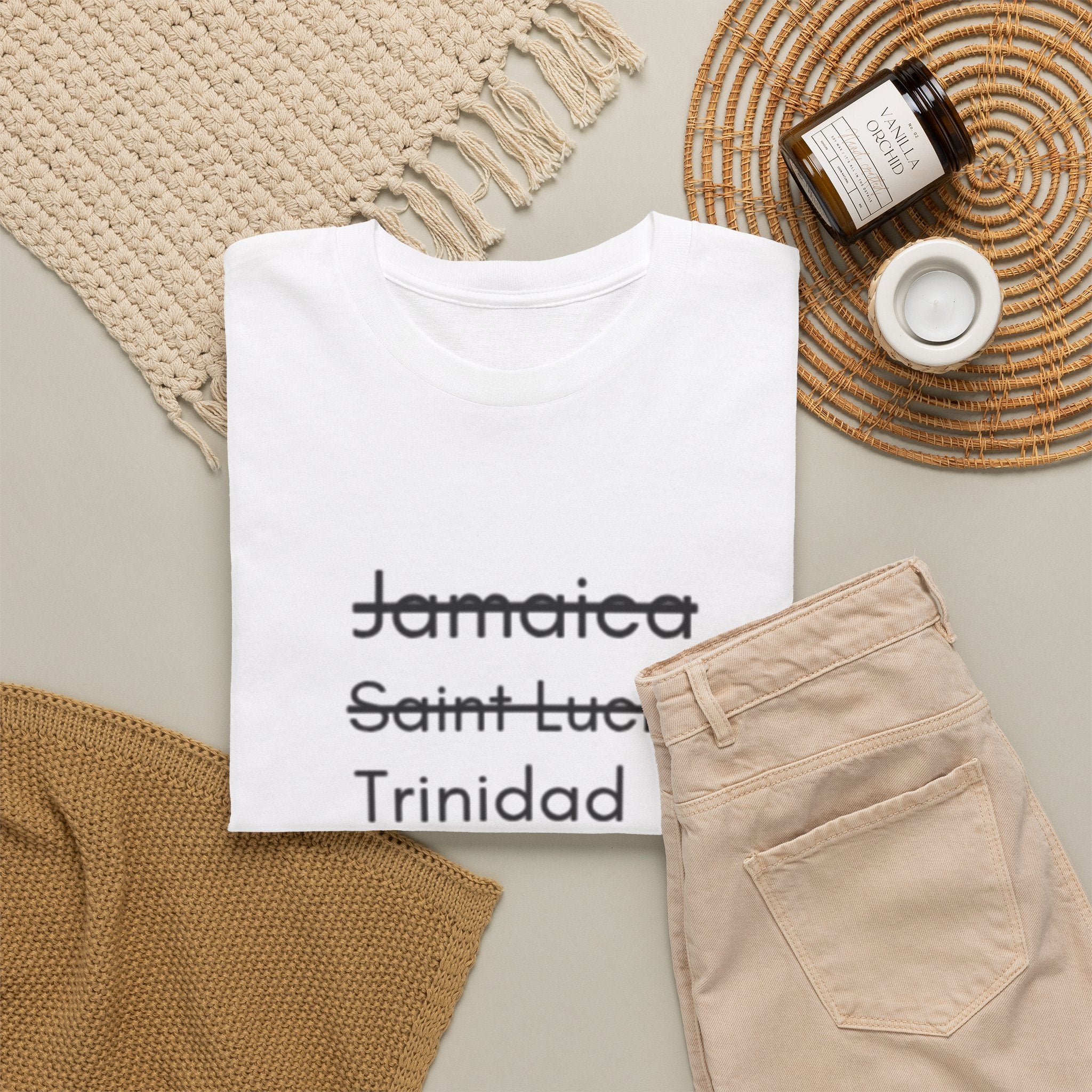 T‑Shirt — Struck‑Through Islands List: Jamaica, Saint Lucia, Trinidad, Barbados Tee