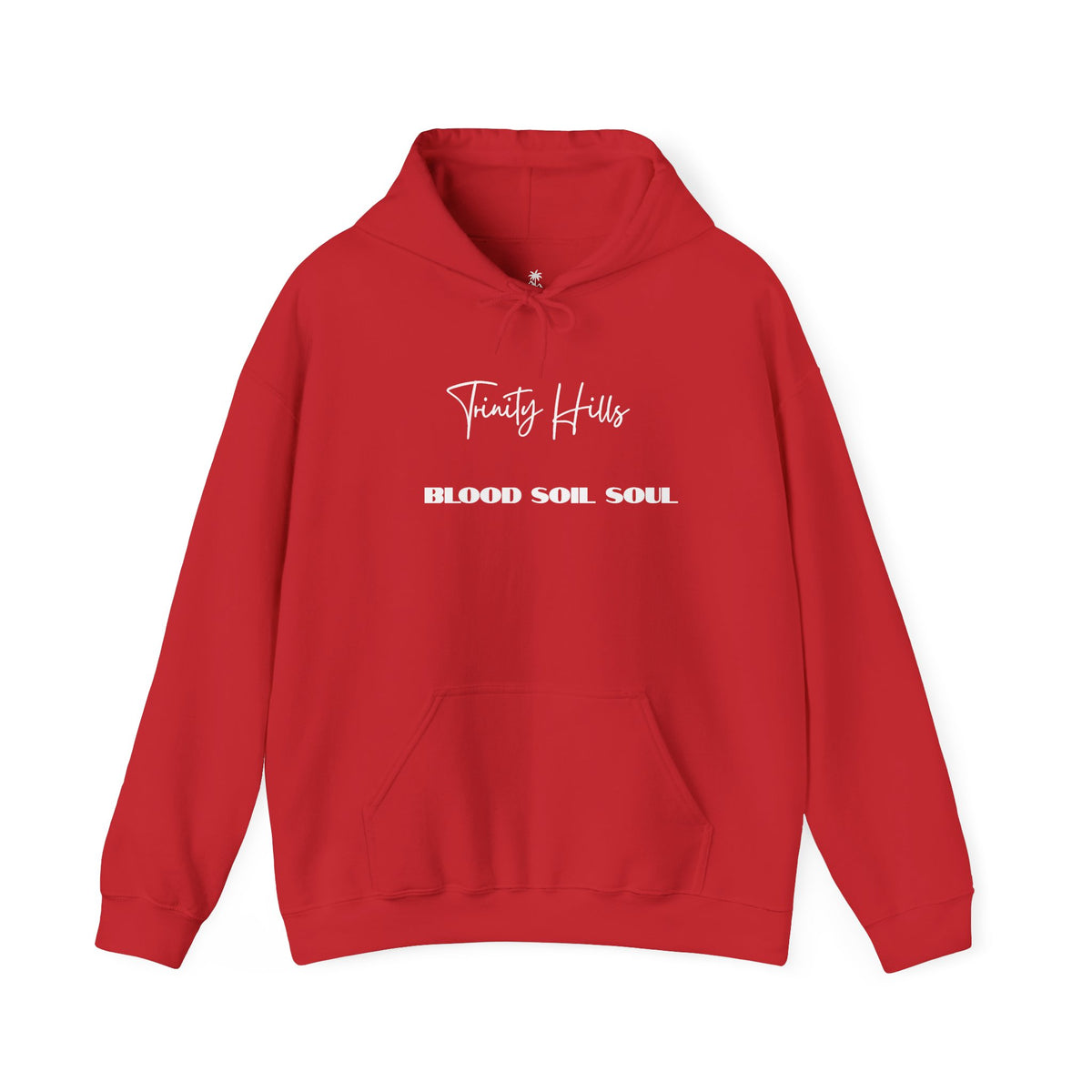 Trinity Hills "Blood, Soil, Soul" Hoodie — Minimal Black Graphic Sweatshirt