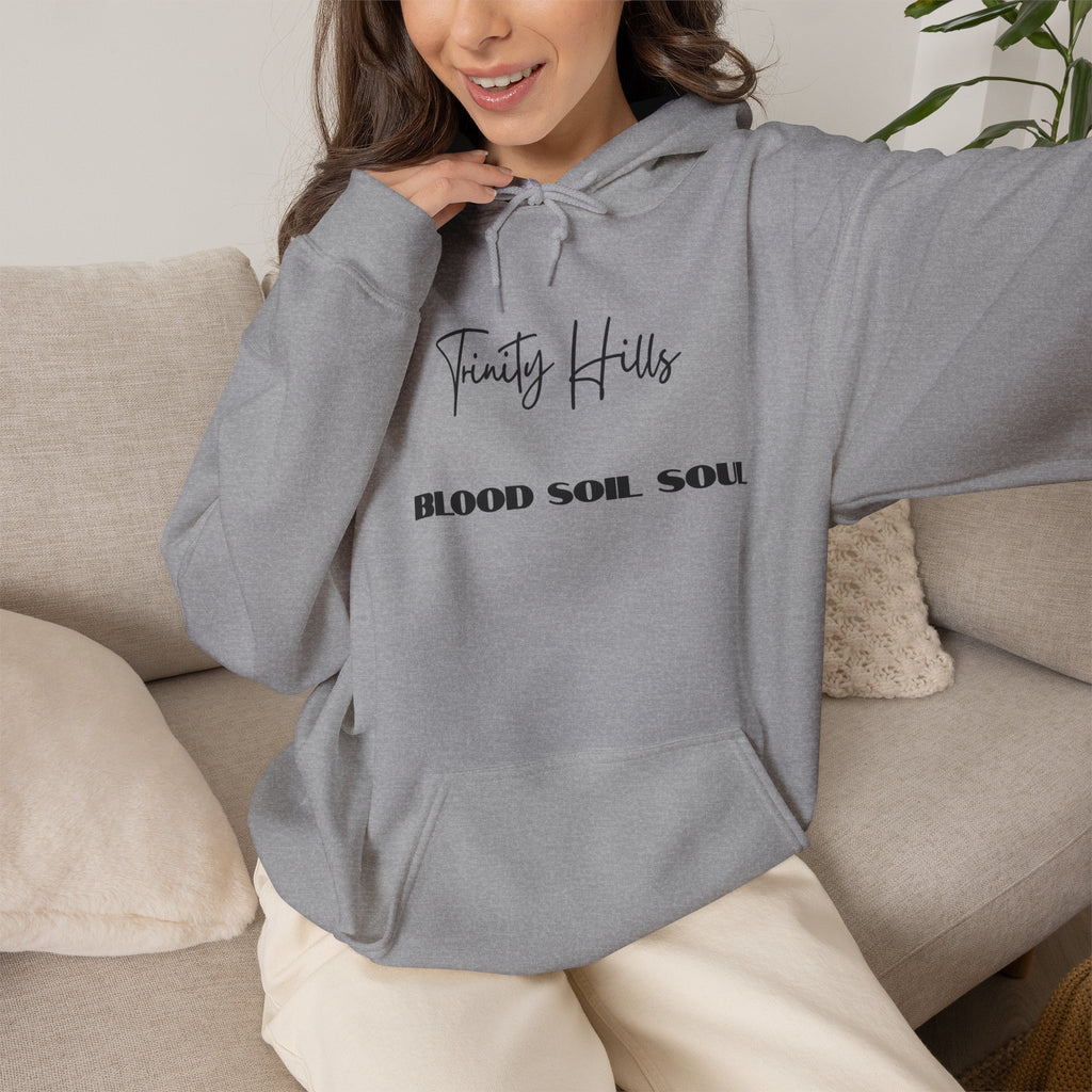 Trinity Hills "Blood, Soil, Soul" Hoodie — Minimal Black Graphic Sweatshirt