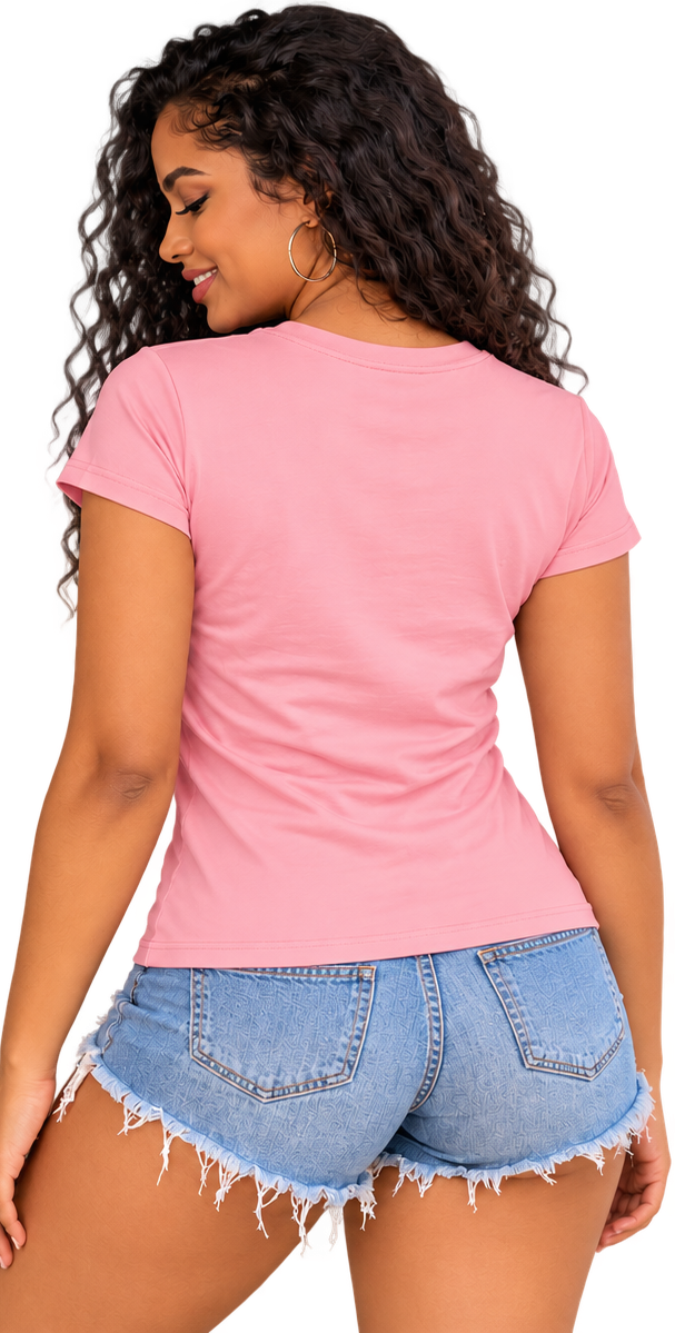 Back view of pink Trinity Hills Script Baby Tee on model